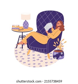 Joven en casa sentada en un sillón clásico y libro de lectura. Autocuidado, descanso, relajación, concepto de tiempo para ti mismo. Niña tendida en el sofá. Ilustración vectorial plana en colores de moda.