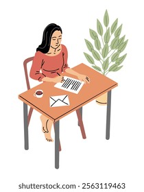 A young woman at home writes a letter at the table. Paper envelope. Nostalgia for the old way of life. Flat vector art illustration