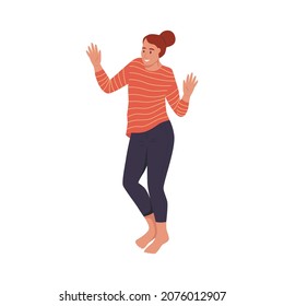 A young woman in homemade clothes is dancing. Flat vector illustration