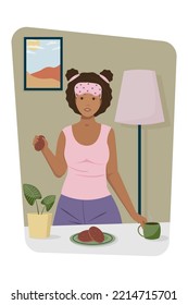 A young woman in homemade clothes and wearing a sleep mask is having breakfast with coffee and cookies. Vector illustration