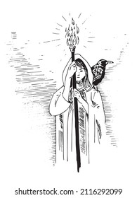 Young woman in a hooded cloak holds a burning torch. Raven on shoulder. Hand drawn vector illustration in sketch style.