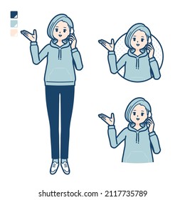 A Young woman in a hoodie with Call on smartphone images.It's vector art so it's easy to edit.