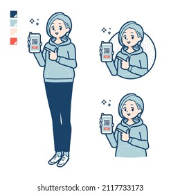 A Young woman in a hoodie with cashless payment on smartphone images.It's vector art so it's easy to edit.