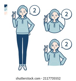 A Young woman in a hoodie with Counting as 2 images.It's vector art so it's easy to edit.