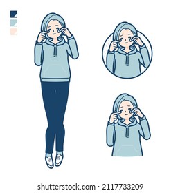 A Young woman in a hoodie with cry images.It's vector art so it's easy to edit.
