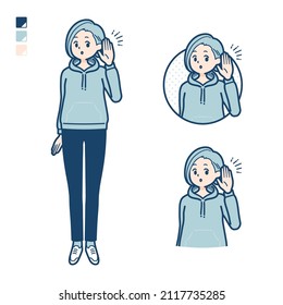 A Young woman in a hoodie with Listening images.It's vector art so it's easy to edit.