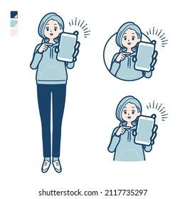 A Young woman in a hoodie with Offer a smartphone images.It's vector art so it's easy to edit.