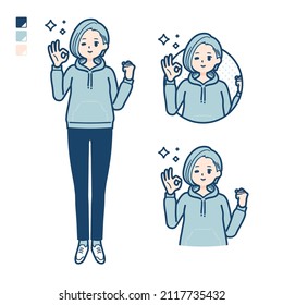 A Young woman in a hoodie with OK sign images.It's vector art so it's easy to edit.