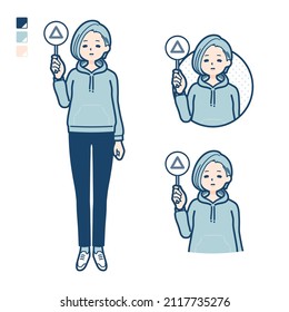 A Young woman in a hoodie with Put out a Triangle panel images.It's vector art so it's easy to edit.
