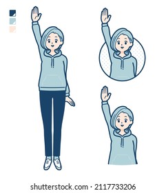 A Young woman in a hoodie with raise hand images.It's vector art so it's easy to edit.