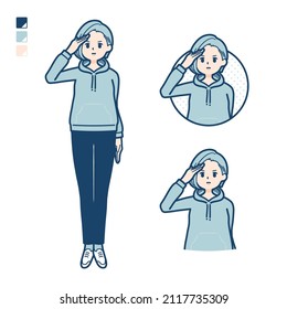 A Young woman in a hoodie with salute images.It's vector art so it's easy to edit.