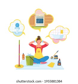 Young woman in house clothes, rubber gloves and apron sits next to mop, bucket, rag, bottles of cleaning products. Housewife will clean up in bathroom, toilet, kitchen. Household chores. Vector 