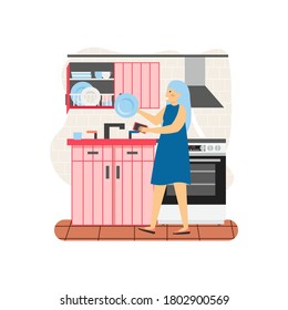 Young woman, housemaid, housekeeper, cleaning company worker, dishwasher, housewife washing dishes in kitchen, flat vector illustration. Housekeeping, home cleaning and dishwashing services.