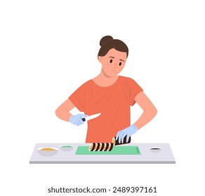 Young woman housewife cartoon character cooking sushi traditional asian food isolated on white