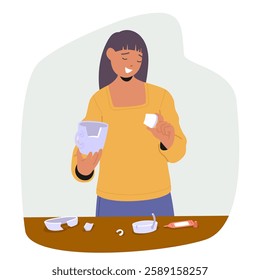 Young woman housewife cartoon character fixing broken ceramic cup tying to glue pieces parts in correct form engaged in restoration process vector illustration. People creative craft hobby concept