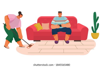 Young woman housewife cleaning the floor with a mop, smiling man sitting contented on the couch serfing internet on phone, people activity, daily routine vector Illustration on a white background.