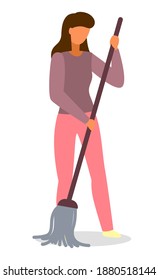 Young woman housewife cleaning the floor with a mop, people activity, daily routine vector Illustration on a white background. Cleaning lady housemaid wipes the wet floor, doing daily homework