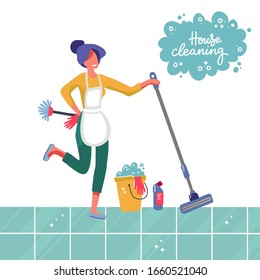 Young woman housewife cleaning the tiled floor with a mop and a bucket of water. People activity, Daily routine vector flat Illustration on a white background with lettering House cleaning