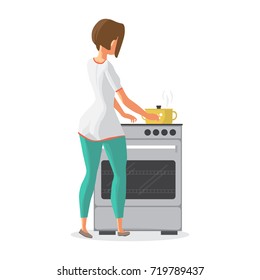 Young woman housewife is cooking soup on the stove. The girl is cooking food in a saucepan. Back view. Flat cartoon vector illustration