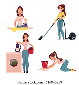 Young woman, housewife doing chores - ironing, washing, vacuum cleaning, mopping floors, cartoon vector illustration isolated on white background. Woman, girl cleaning her house, washing, ironing