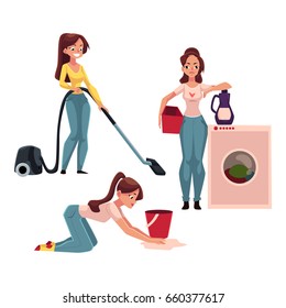 Young woman, housewife doing chores - washing and vacuum cleaning the floor, cartoon vector illustration isolated on white background. Womanw ashing clothes, girl cleaning her house, ironing