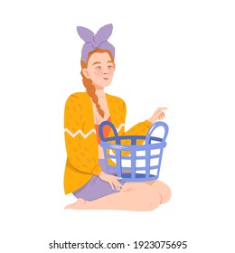 Young Woman Housewife Doing Laundry at Home Vector Illustration