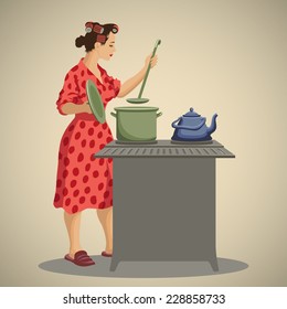 Young Woman Housewife Dressed In Vintage Morning Gown Cooking And Tasting Food In Kitchen Retro Style Vector Illustration