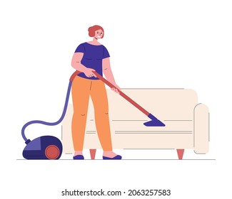 Young woman housewife housekeeper makes cleaning vacuums the sofa. Vector illustration in flat style.