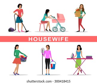 Young woman housewife set doing housework isolated vector illustration 