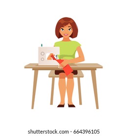 Young woman housewife at the sewing machine. Hobbies and homemaking. Vector illustration