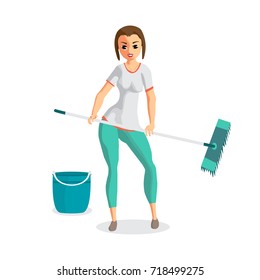 Young woman housewife washes a floor mop. Girl doing domestic work. Flat cartoon vector illustration