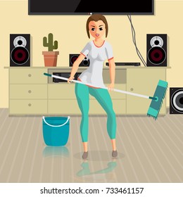 Young woman housewife washes a floor mop in the room. Girl doing domestic work. Flat cartoon vector illustration