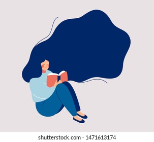 Young woman with hovering hair holds open book. Dreaming Girl sits on the floor and reads a book. Flat character vector illustration