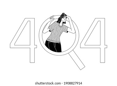 Young woman in HTTP 404 sign. Cartoon girl looking through magnifier in middle of number 404. File Not Found or Server Not Found error. Linear black and white onboarding illustration for websites