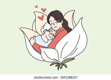 Young woman hug cuddle old mother show love and care. Happy millennial girl embrace comfort mature elderly grandmother. Geriatrics, good maturity concept. Flat vector illustration. 