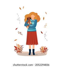 Young woman hug the dog with colored leaves in the autumn park. Autumn background. Vector illustration in flat style.