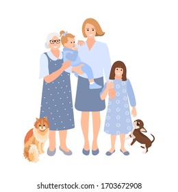 Young woman hug her old mother, baby and small girl with love. Mother and daughter love as family. Mother's day concept media. Cat and dog.Vector flat illustration