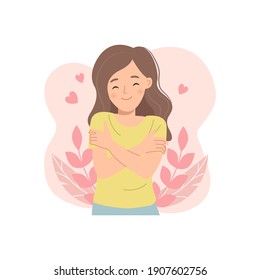 Young woman hug herself. Self love concept. High self esteem. Flat style cartoon vector.