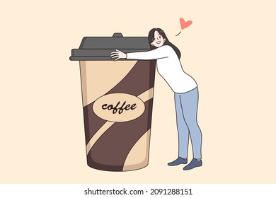 Young woman hug huge coffee cup feel tired exhausted without caffeine. Girl embrace takeaway mug suffer from chronic fatigue or energy lack. Physical or mental burnout. Flat vector illustration. 