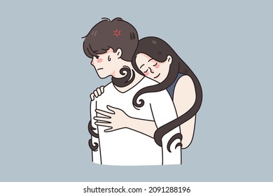 La joven abraza a un hombre atado a un novio en la relación. Una chica adopta relaciones de pareja codependientes y poco saludables. Problema de psicología, concepto de codependencia. Ilustración vectorial plana. 