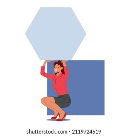Young Woman with Huge Abstract Puzzle Pieces Square and Hexagon in Hands. Teamwork Cooperation, Task Solution, Creative Idea Integrated in Business Process Concept. Cartoon People Vector Illustration
