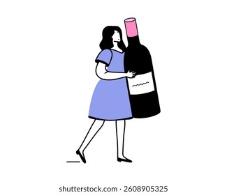 A young woman with a huge bottle of red wine. Can be used for wine festival, booklets, invitations and more. Vector.