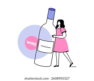 A young woman with a huge bottle of red wine. Can be used for wine festival, booklets, invitations and more. Vector.