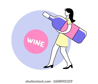 A young woman with a huge bottle of red wine. Can be used for wine festival, booklets, invitations and more. Vector.