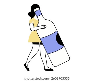 A young woman with a huge bottle of red wine. Can be used for wine festival, booklets, invitations and more. Vector.
