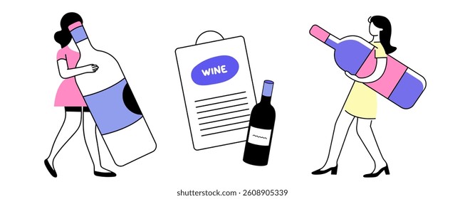 A young woman with a huge bottle of red wine. Set. Can be used for wine booklets, invitations and more. Vector.