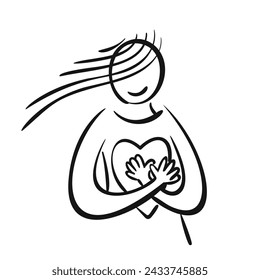 Young woman hugging a big heart with love, Simple line hand drawn illustration, Vector doodle, Body care, self hugging, charity, kindness, Mental health, Peace of mind