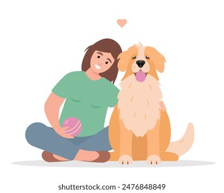 Young woman hugging dog. Dog lover girl with cute dog. Happy Pet and owner. Vector flat illustration isolated on white background.