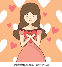 Young woman hugging a heart with love in valentine day , Cartoon vector illustration