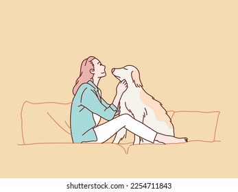 Junge Frau, die ihren geliebten Hund umarmt und auf einem Sofa sitzt, einfache koreanische Illustration